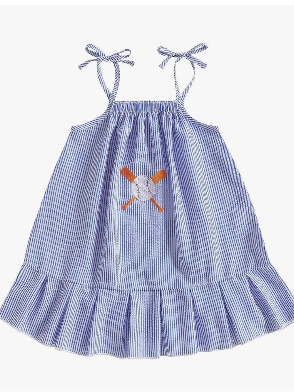 Blue Seersucker Tie-Strap Sundress with Baseball Applique